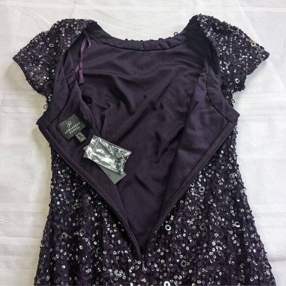 NWT ADRIANNA PAPELL Amethyst Scoop Back All Over Sequin Cap Sleeve Gown Size 4P - Picture 6 of 9